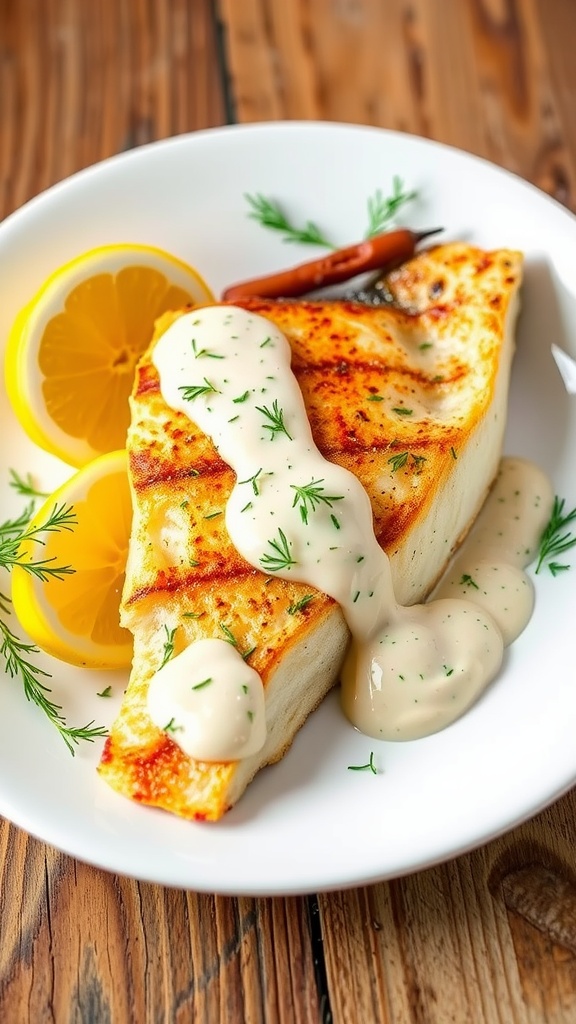 Pan-seared branzino fillet with creamy dill sauce, garnished with lemon wedges and dill, on a rustic wooden table.